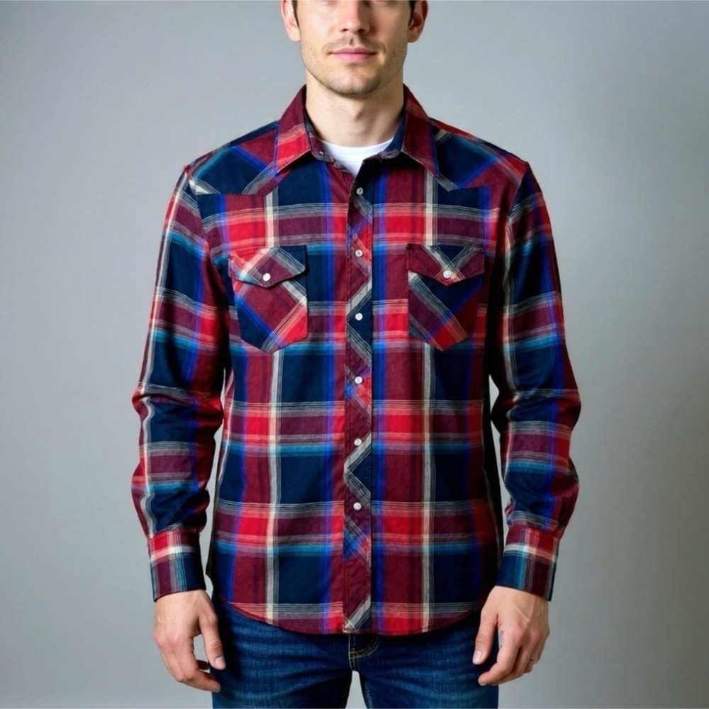 Wrangler Pearl Snap Shirt Casual Plaid Red Blue Western Size 16.5 / 35